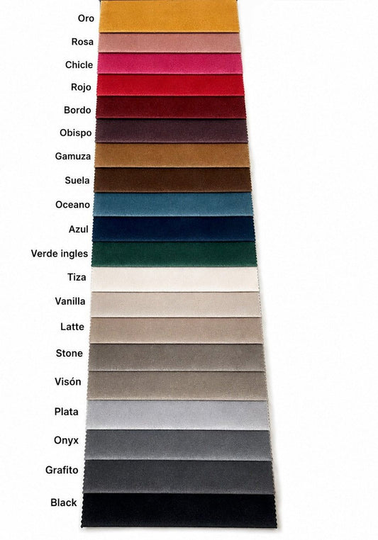 Muestrario de colores disponibles en pana antimanchas importada para sillones de un cuerpo de Tienda de Banquitos — el color exacto y la cantidad de opciones varían según el modelo; elegís el tuyo en el selector de esta ficha