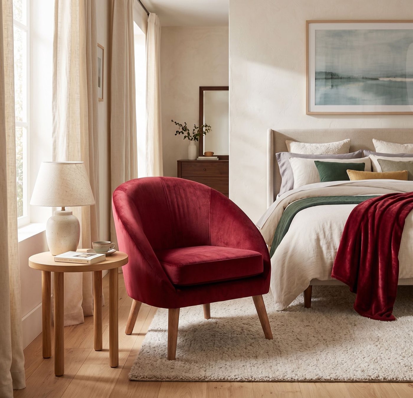 Sillón de un cuerpo Paris color Bordó en pana antimanchas importada, ambientado en un dormitorio junto a la cama y una mesa de luz — forma redonda y compacta con apoyabrazos integrados. Hecho a medida por Tienda de Banquitos.