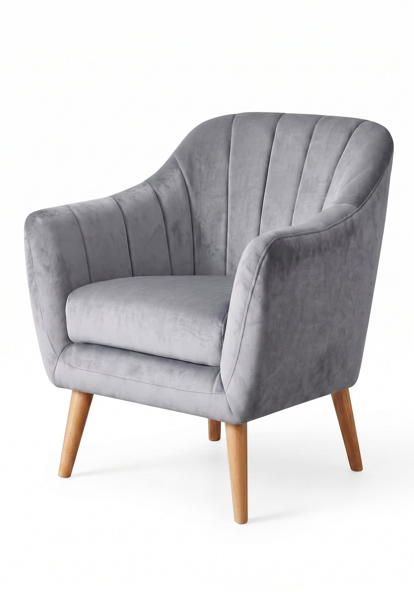 Sillón de un cuerpo Collin color Plata en pana antimanchas importada, diseño liviano de respaldo bajo y patas de madera — liviano y fácil de ubicar en cualquier ambiente. Hecho a medida por Tienda de Banquitos.