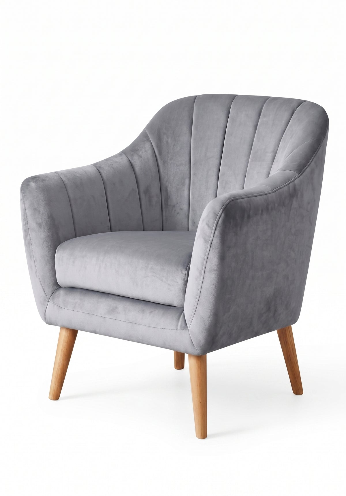 Sillón de un cuerpo Collin color Plata en pana antimanchas importada, diseño liviano de respaldo bajo y patas de madera — liviano y fácil de ubicar en cualquier ambiente. Hecho a medida por Tienda de Banquitos.