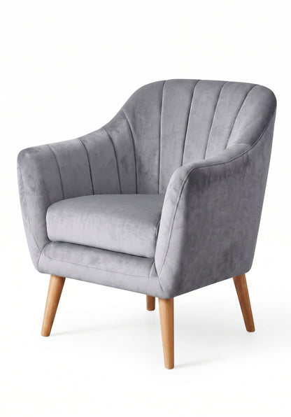 Sillón de un cuerpo Collin color Plata en pana antimanchas importada, diseño liviano de respaldo bajo y patas de madera — liviano y fácil de ubicar en cualquier ambiente. Hecho a medida por Tienda de Banquitos.