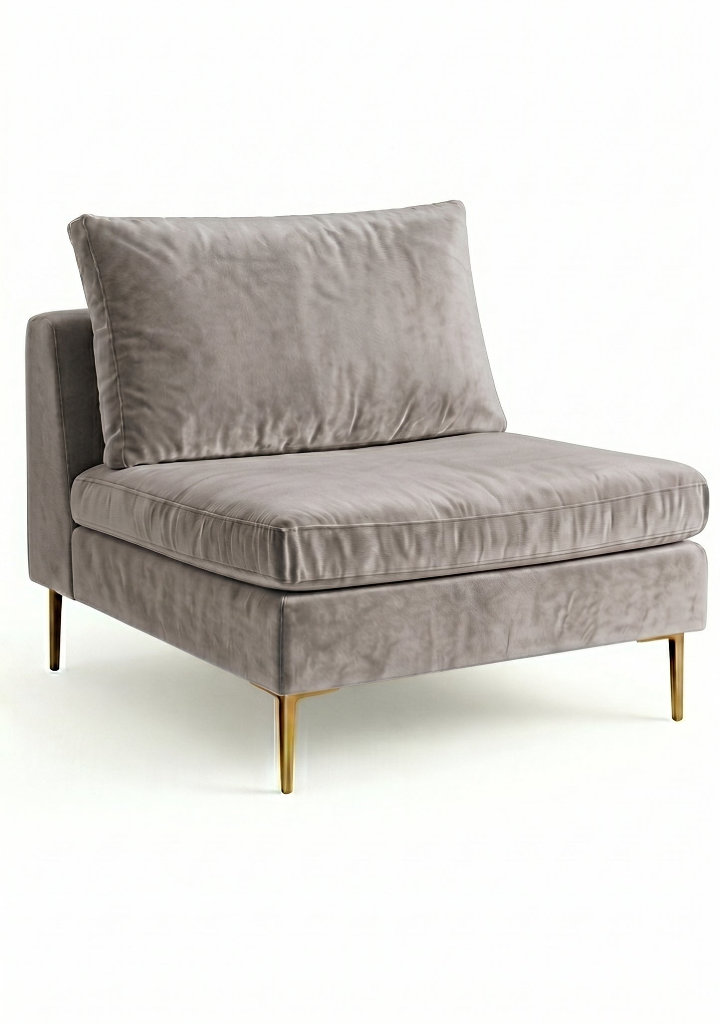 Sillón Edlyn premium en color plata, sin apoyabrazos, estructura de madera maciza y patas de aluminio dorado – Tienda de Banquitos