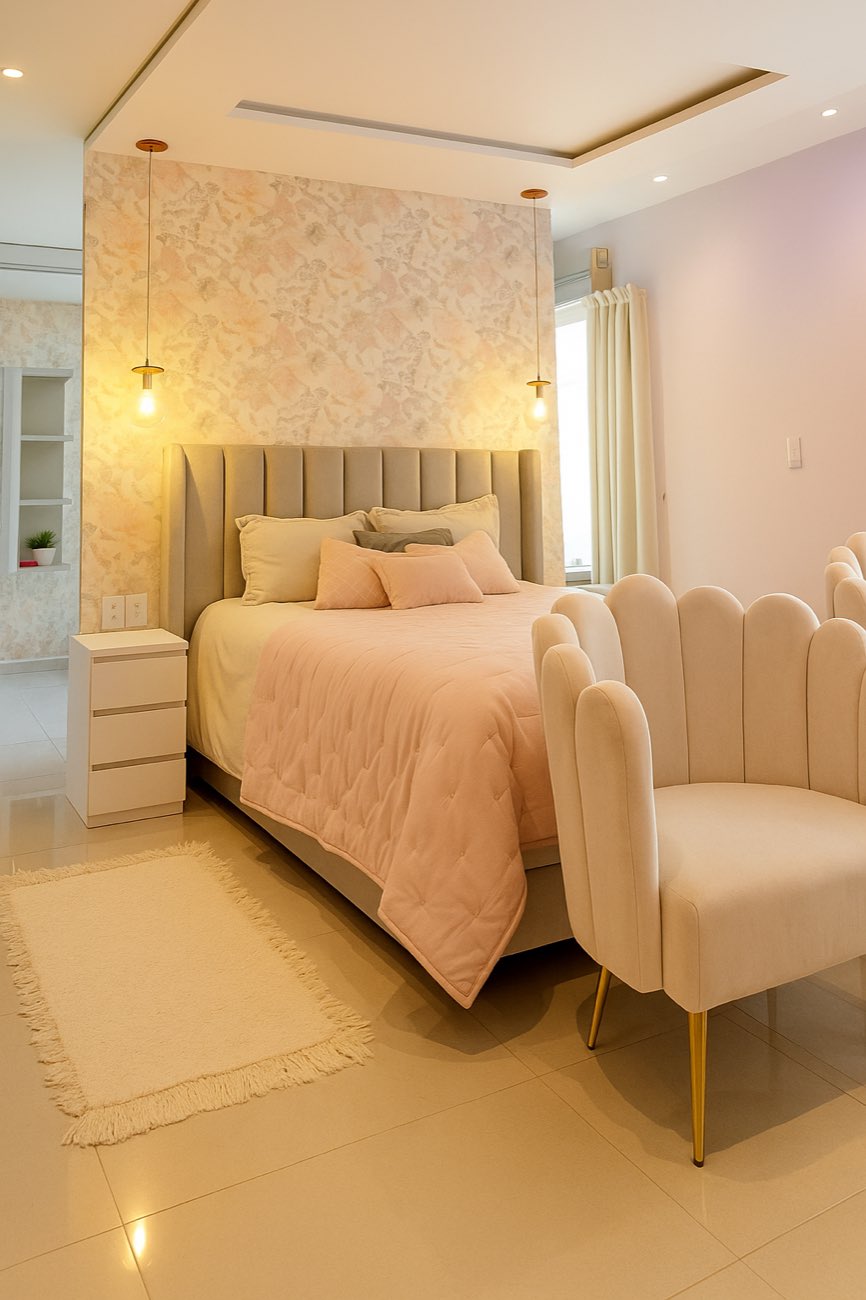Habitación juvenil con Sillón Angie en beige, apoyabrazos tipo pétalo y patas doradas, junto a la cama con Respaldo Alpes beige arena de paneles verticales.