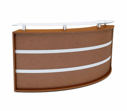 Recepción Ronald de Archivos Activos con frente curvo de madera, buñas claras y vidrio en voladizo