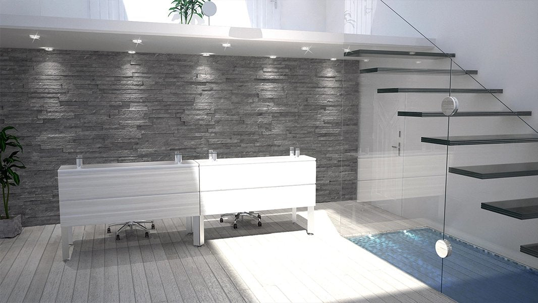 Recepción Zen de Archivos Activos doble y blanca, junto a una pared de piedra