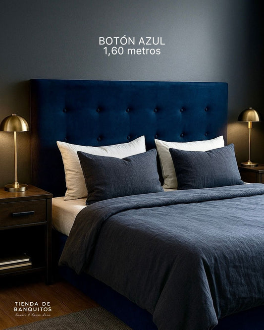 Respaldo de cama Botón de 1,60 m en pana antimanchas azul con capitoné, en stock con entrega inmediata