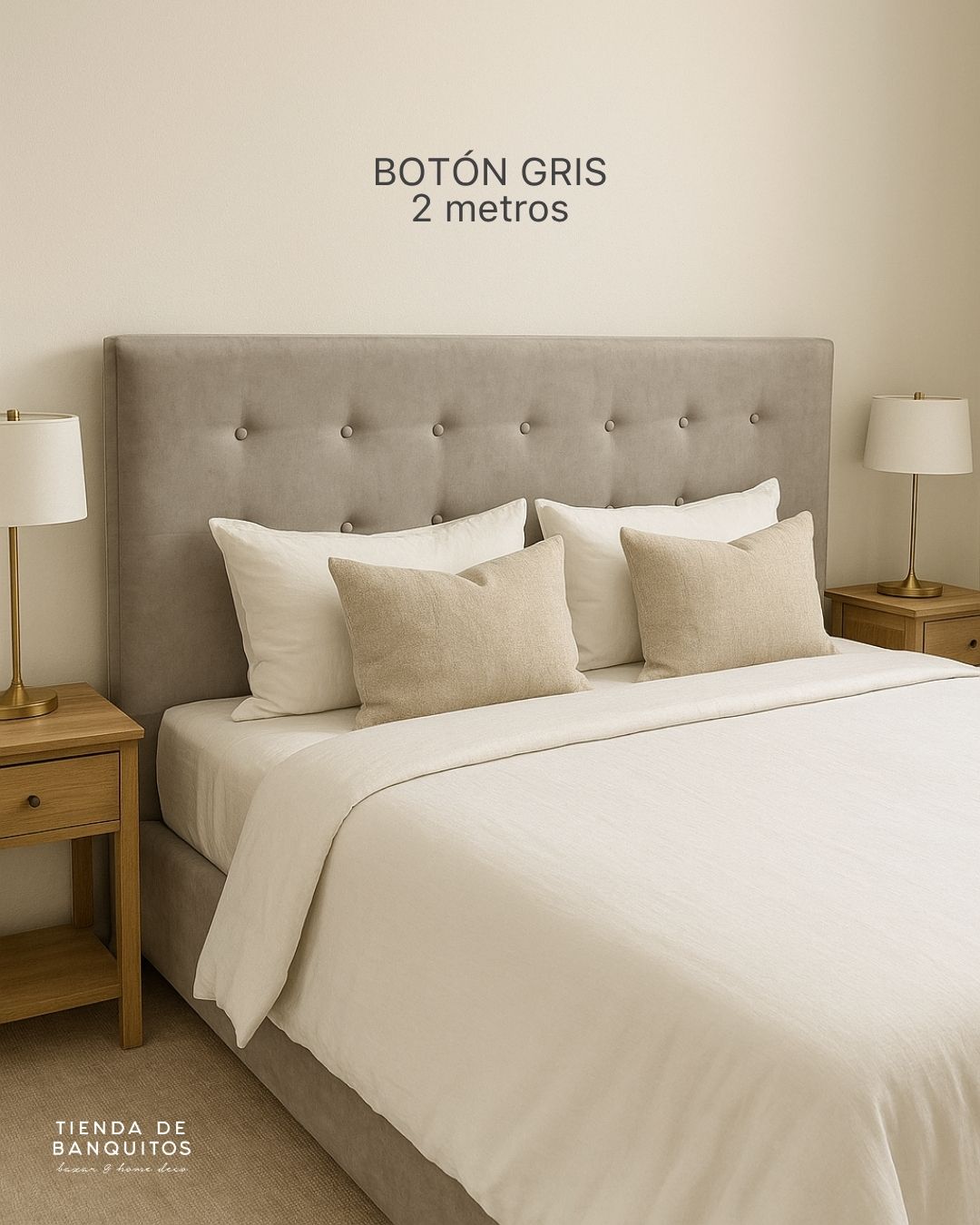 Respaldo de cama Botón de 2 metros en pana antimanchas gris con capitoné, en stock con entrega inmediata