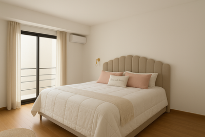Respaldo Angie color Beige, acalonado y con forma de concha, super versatíl que le da modernidad a la habitación.