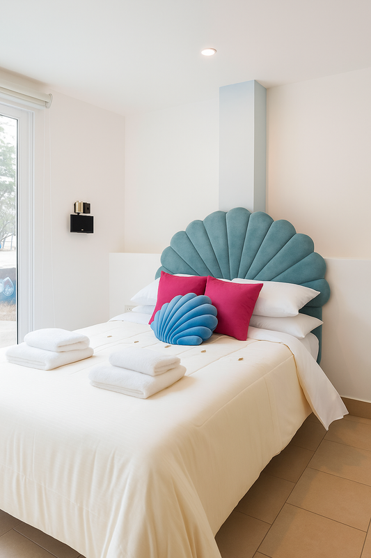  dormitorio con cabecero en forma de concha y almohadones de colores.