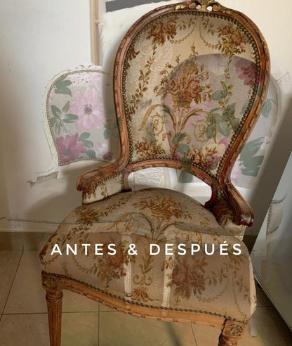Antes y después del retapizado: la silla con el tapizado gastado y el marco dorado original, frente a la silla renovada con pátina blanca y género floral