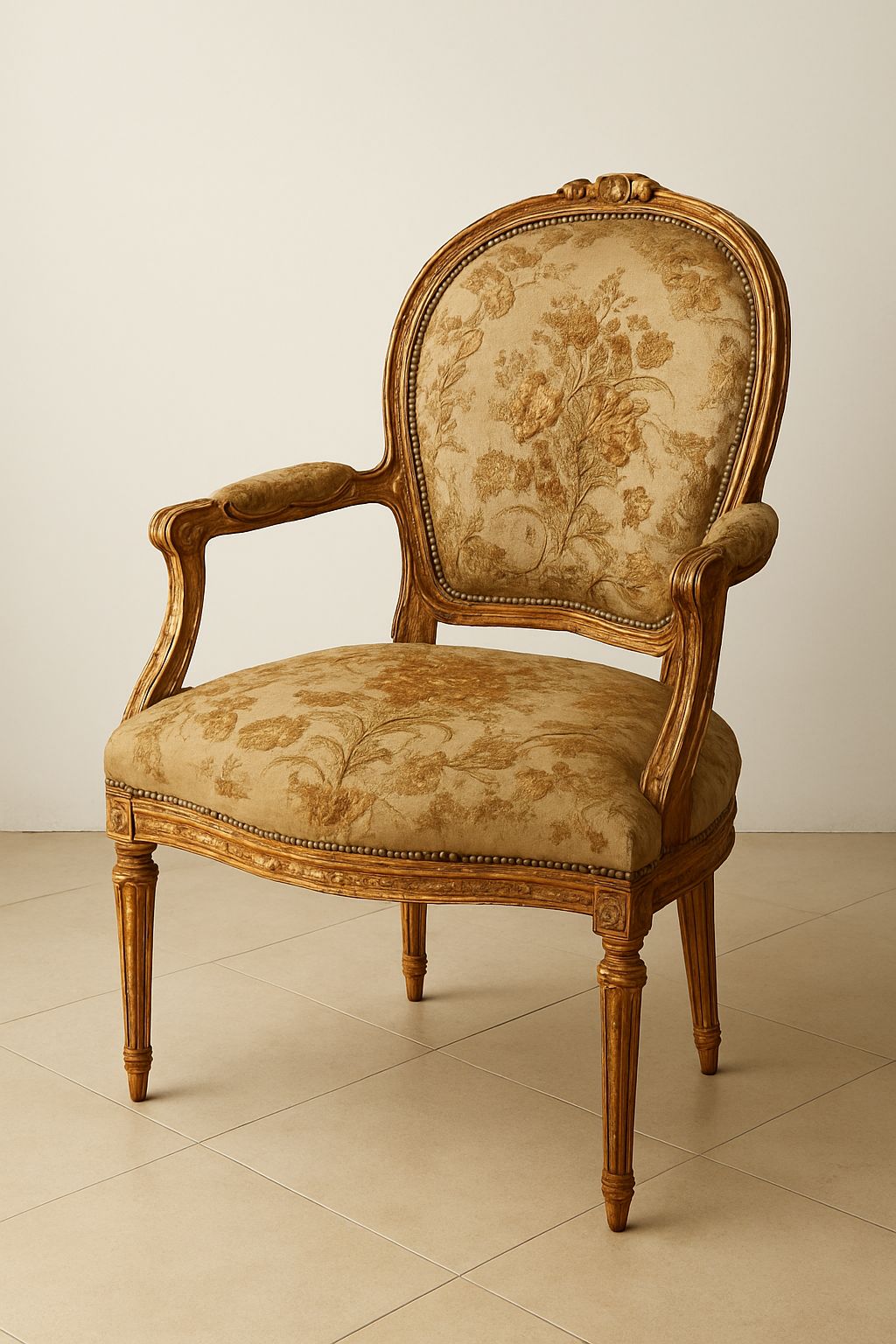 Silla de estilo vintage con estructura de madera tallada pintada en blanco envejecido. El respaldo ovalado y el asiento están tapizados con tela de fondo claro y estampado floral de grandes rosas rosadas y hojas verdes. Las patas son torneadas y decoradas con detalles clásicos, evocando un diseño francés o victoriano. La silla está colocada sobre un suelo de madera clara en un rincón luminoso.