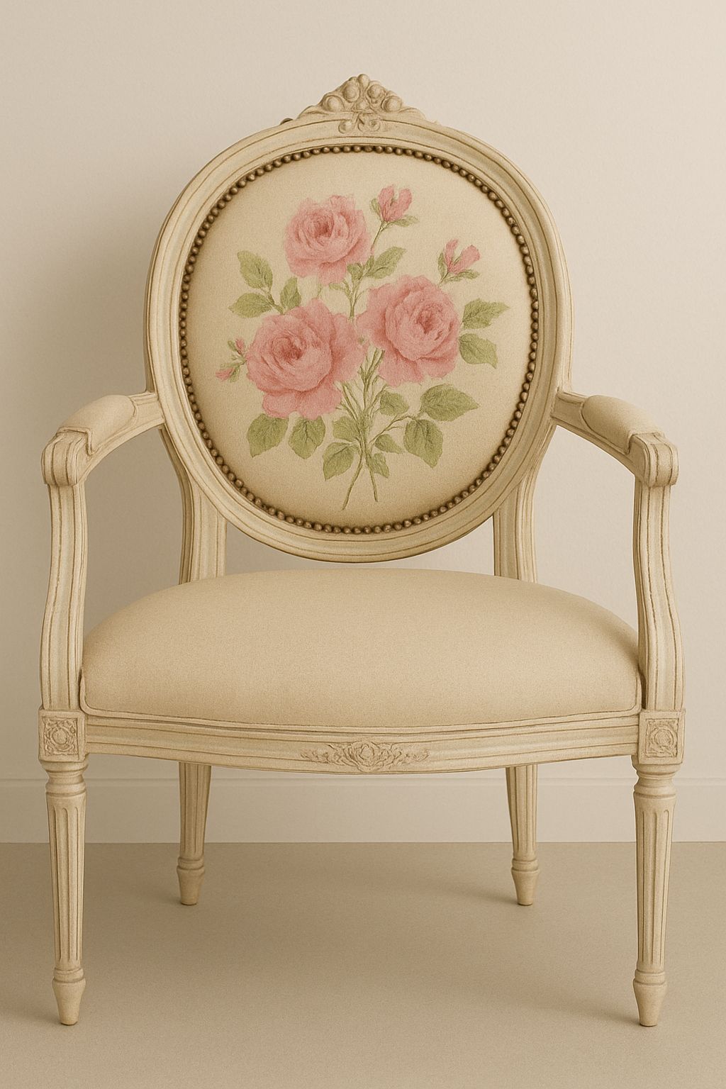 Silla de estilo vintage con estructura de madera tallada pintada en blanco envejecido. El respaldo ovalado y el asiento están tapizados con tela de fondo claro y estampado floral de grandes rosas rosadas y hojas verdes. Las patas son torneadas y decoradas con detalles clásicos, evocando un diseño francés o victoriano. La silla está colocada sobre un suelo de madera clara en un rincón luminoso.