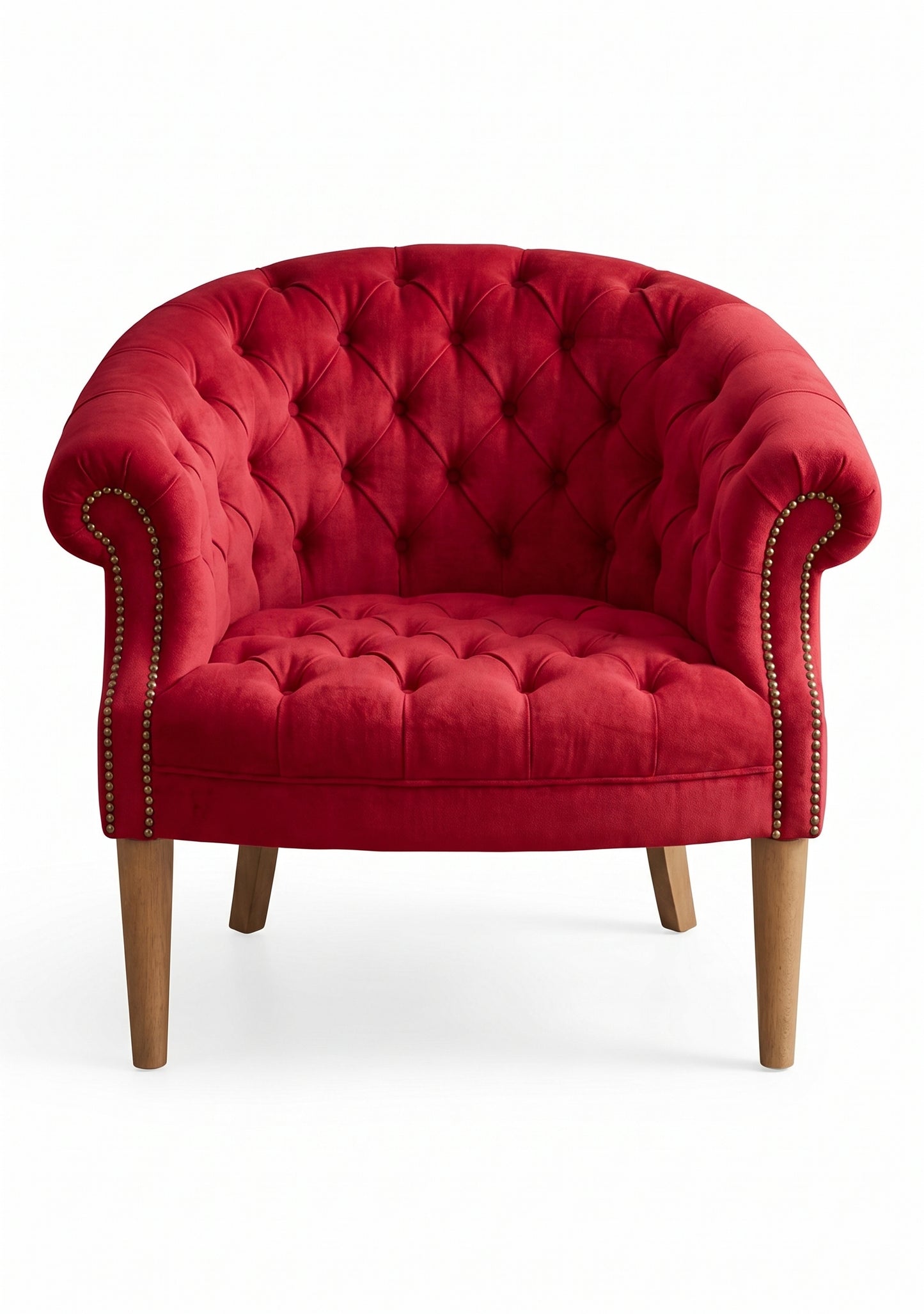 Sillón Nairobi de un cuerpo tapizado en rojo, capitoné redondeado con tachas y patas de madera – Tienda de Banquitos