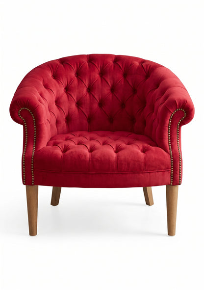 Sillón Nairobi de un cuerpo tapizado en rojo, capitoné redondeado con tachas y patas de madera – Tienda de Banquitos