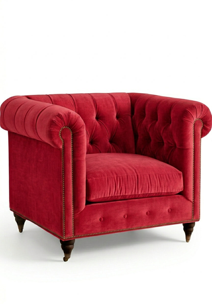 Sillón de un cuerpo Chesterfield color Rojo en pana antimanchas importada, el clásico diseño inglés firme con detalle de tachas — con onda inglesa para destacar. Hecho a medida por Tienda de Banquitos.