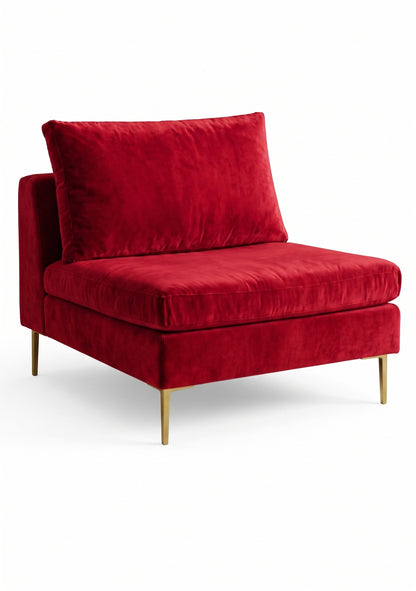 Sillón Edlyn premium en color rojo, sin apoyabrazos, estructura de madera maciza y patas de aluminio dorado – Tienda de Banquitos