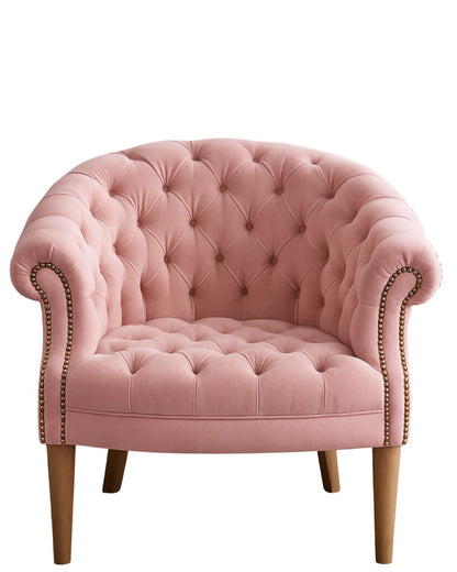 Sillón individual Nairobi tapizado en rosa claro, respaldo y asiento redondeados capitoné, brazos curvos integrados y patas de madera claras – Tienda de Banquitos
