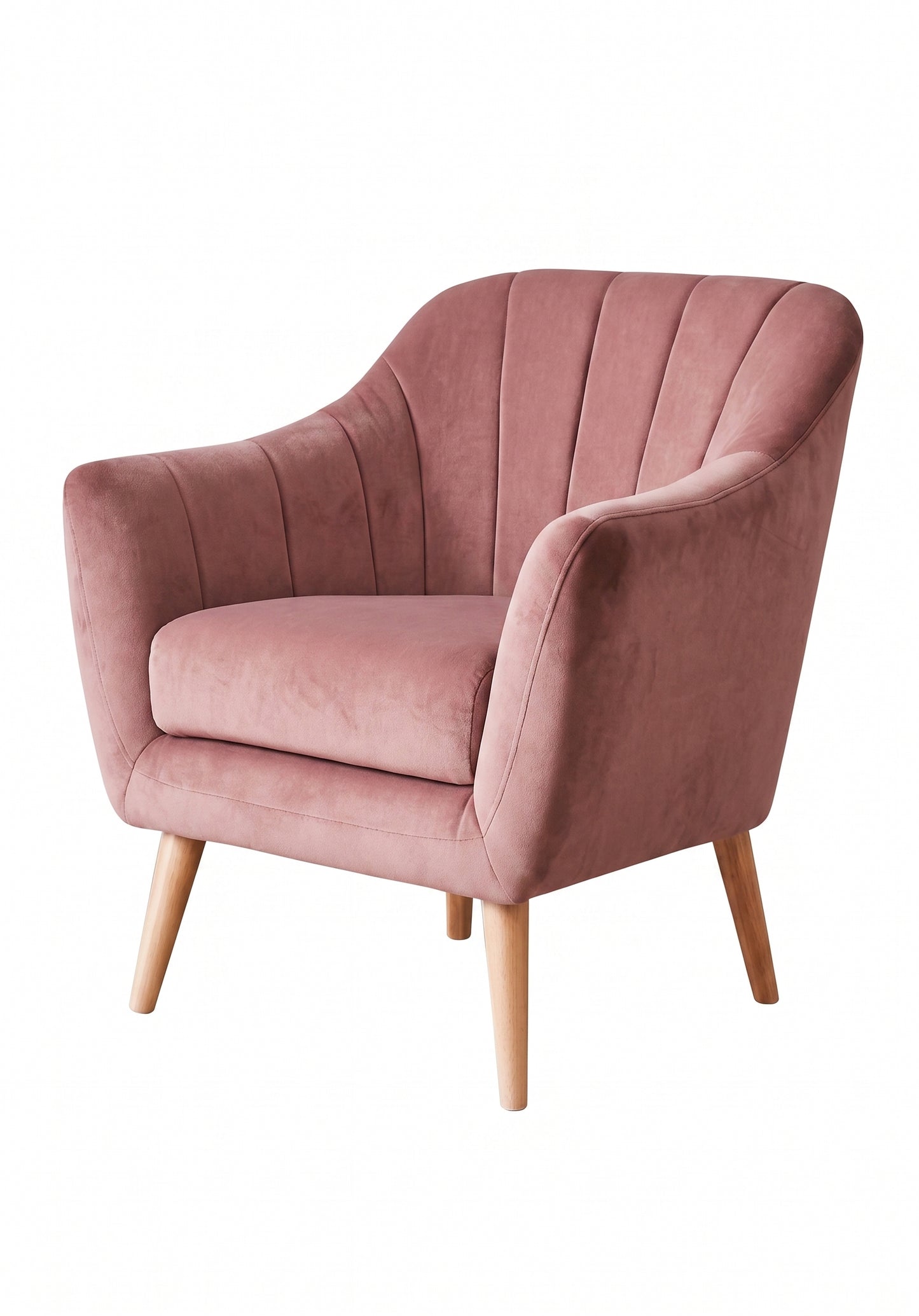 Sillón de un cuerpo Collin color Rosa en pana antimanchas importada, diseño liviano de respaldo bajo y patas de madera — liviano y fácil de ubicar en cualquier ambiente. Hecho a medida por Tienda de Banquitos.