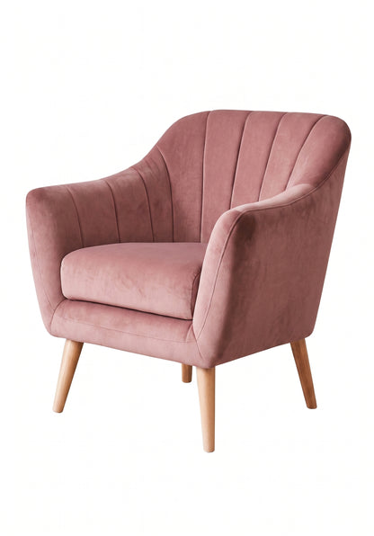 Sillón de un cuerpo Collin color Rosa en pana antimanchas importada, diseño liviano de respaldo bajo y patas de madera — liviano y fácil de ubicar en cualquier ambiente. Hecho a medida por Tienda de Banquitos.