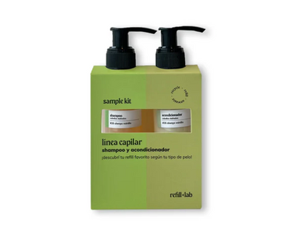 Sample Kit Capilar Refill Lab de frente: caja verde con shampoo y acondicionador de 100 ml