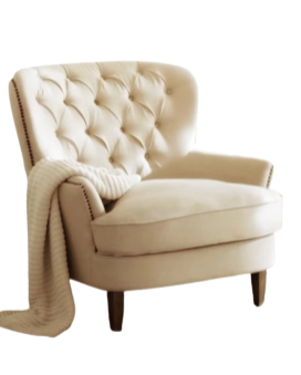 Sillón clásico tapizado en color crema con respaldo capitoné curvo, asiento acolchado y patas de madera cónicas.