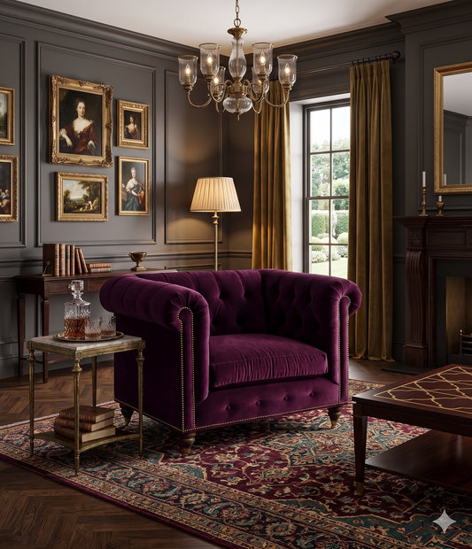 Sillón individual estilo Chesterfield tapizado en color violeta, con capitoné en respaldo y apoyabrazos, tachas decorativas y patas de madera torneadas.