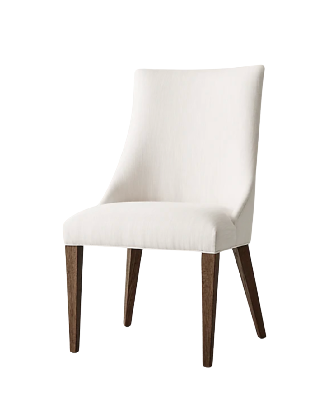 Silla Amalfi de respaldo curvo tapizada en blanco, con patas de madera oscura, sobre fondo blanco
