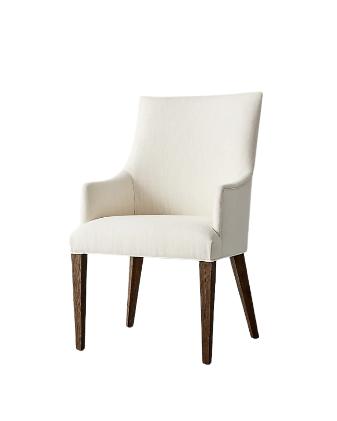 Silla Amelia con apoyabrazos, tapizada en crema y con patas de madera oscura, sobre fondo blanco