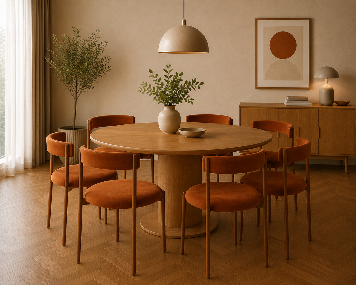 Silla Aro en ambiente de comedor luminoso con cuatro sillas tapizadas | Tienda de Banquitos