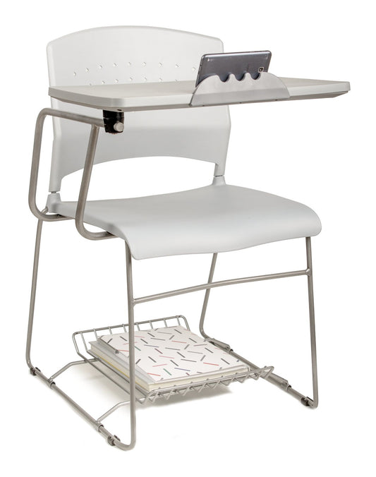 Silla Bora Pupitre de Archivos Activos blanca, con pupitre giratorio, base trineo y porta libros