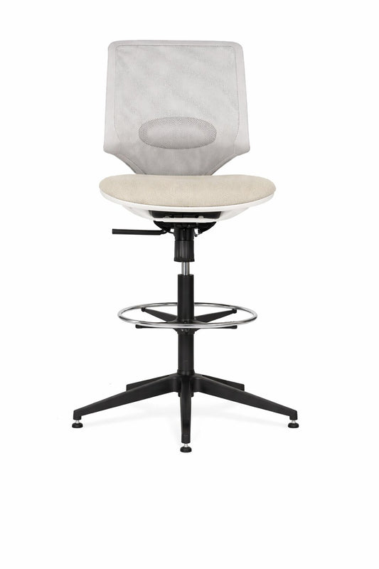 Silla cajera Aston de Archivos Activos con respaldo de red blanca, asiento beige, aro apoyapiés y base negra