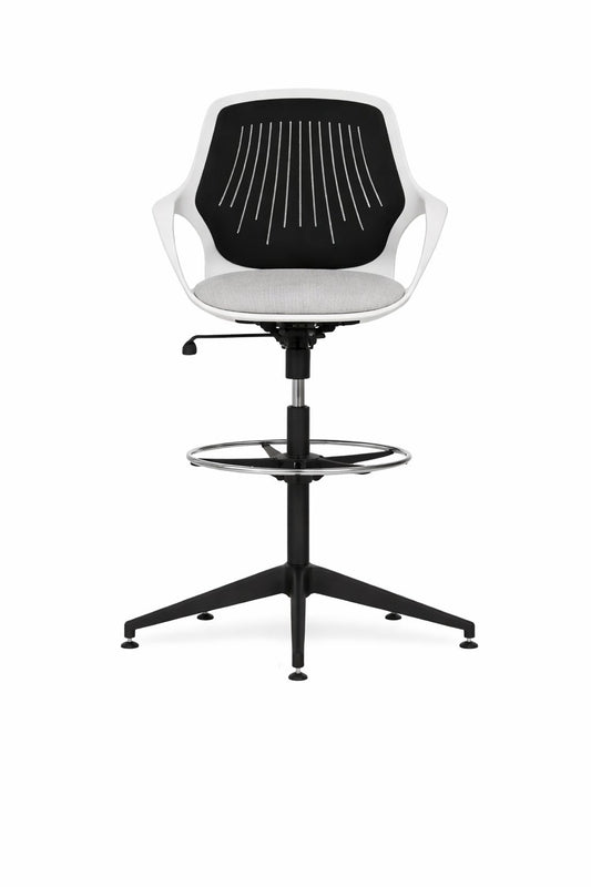 Silla cajera Columpus de Archivos Activos con casco blanco, respaldo de red negra, asiento gris y aro apoyapiés