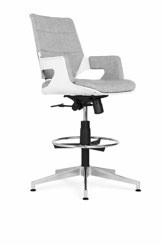 Silla cajera Cosmos de Archivos Activos con casco blanco, tapizado gris claro, aro apoyapiés y base de aluminio