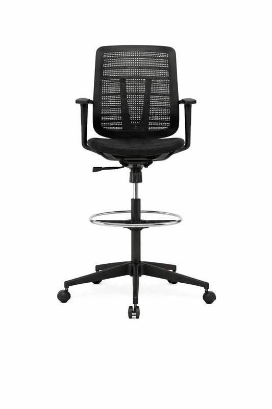 Silla cajera Flexor Industrial de Archivos Activos negra, con brazos, aro apoyapiés y base de 5 ruedas