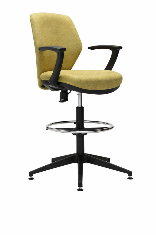 Silla cajera Hi Tech de Archivos Activos tapizada en mostaza, con brazos, aro apoyapiés y base negra