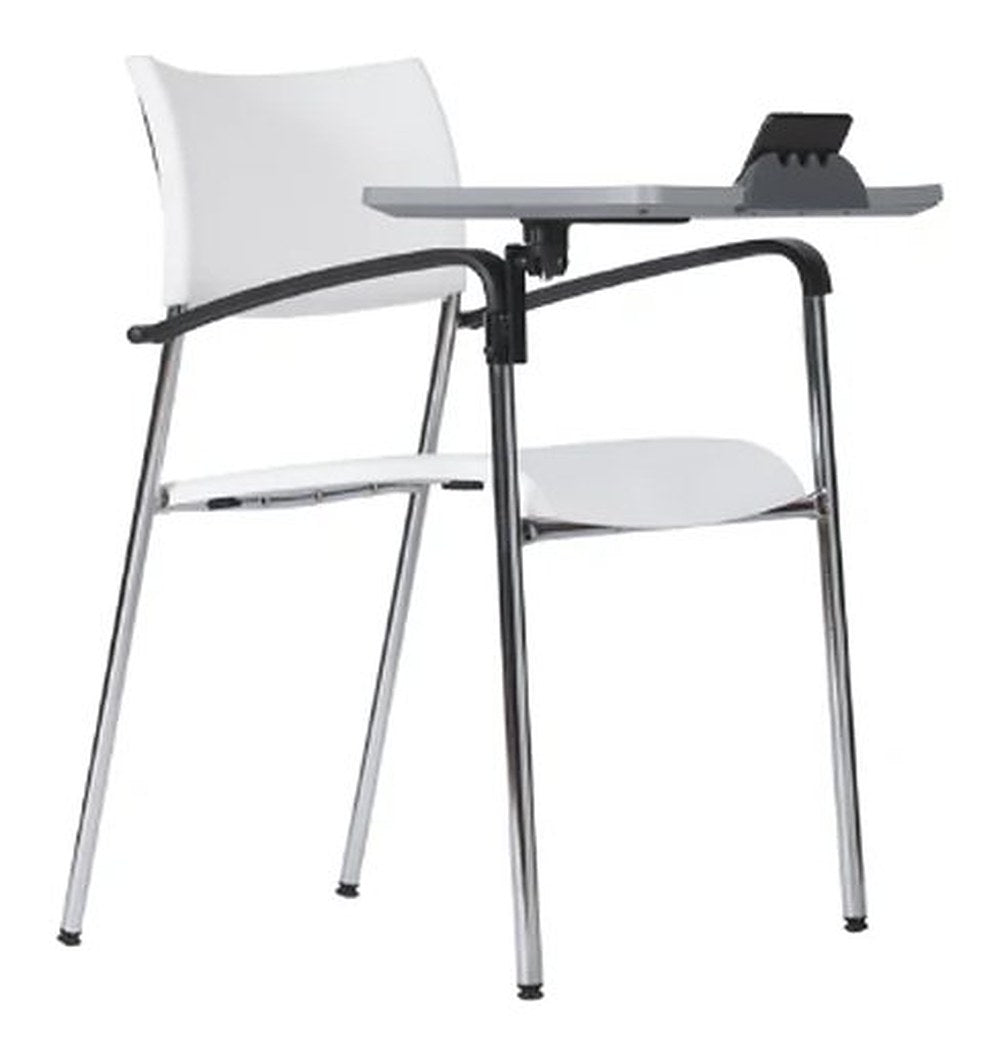 Silla de capacitación Mariner de Archivos Activos blanca, con pupitre giratorio, brazos negros y estructura cromada