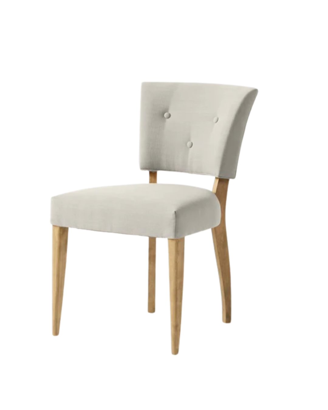 Silla Cordelia con botoné en el respaldo, tapizada en crema y con patas de madera, sobre fondo blanco