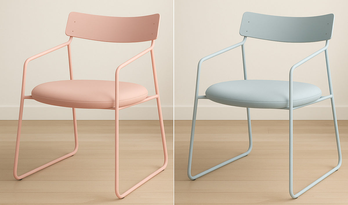 Dos Sillas Cubo, una rosa y una celeste, con el asiento redondo tapizado al tono de la estructura
