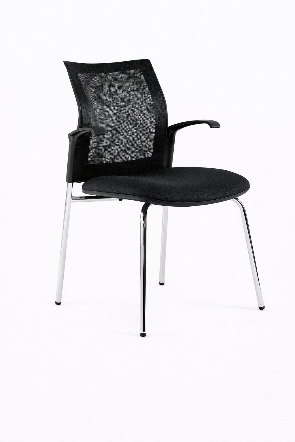 Silla fija Logical de Archivos Activos negra, con respaldo de malla, asiento tapizado, brazos y 4 patas cromadas