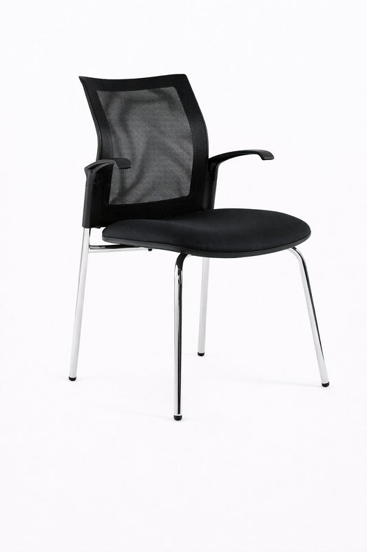 Silla fija Logical de Archivos Activos negra, con respaldo de malla, asiento tapizado, brazos y 4 patas cromadas