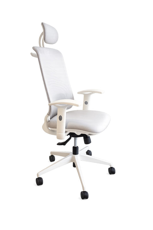 Silla gerencial Aston VIP de Archivos Activos blanca, con respaldo de malla y apoyacabeza