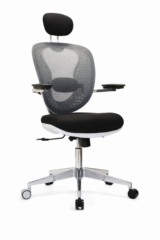 Silla gerencial Vertebra de Archivos Activos con malla gris, estructura blanca y apoyacabeza