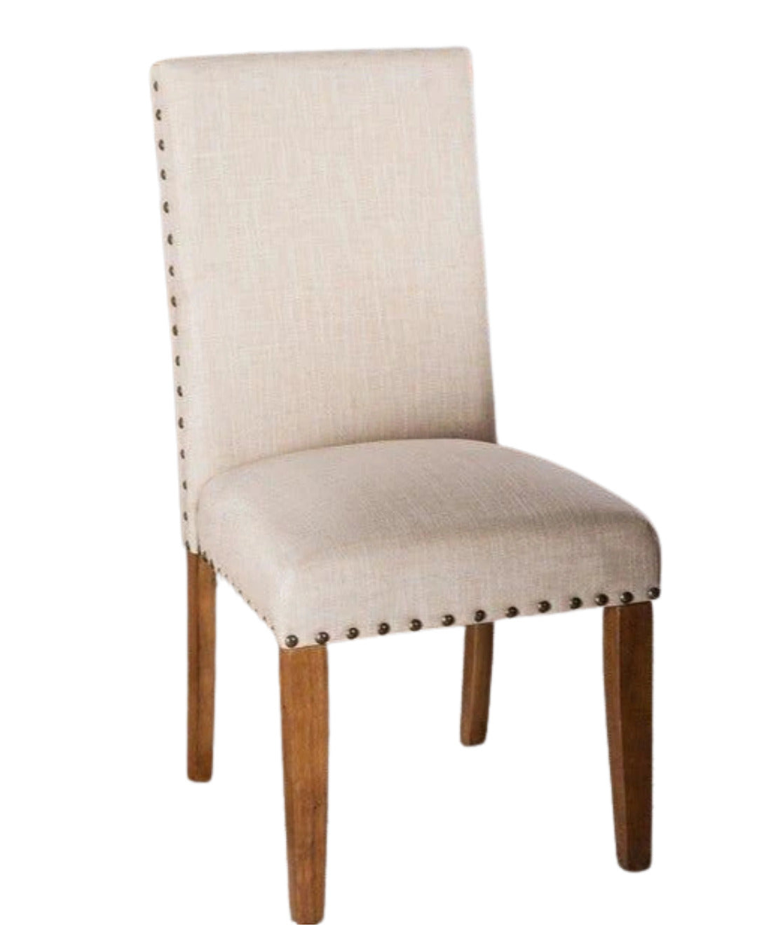 Silla Lida de respaldo recto con tachas en el borde, tapizada en crema y con patas de madera