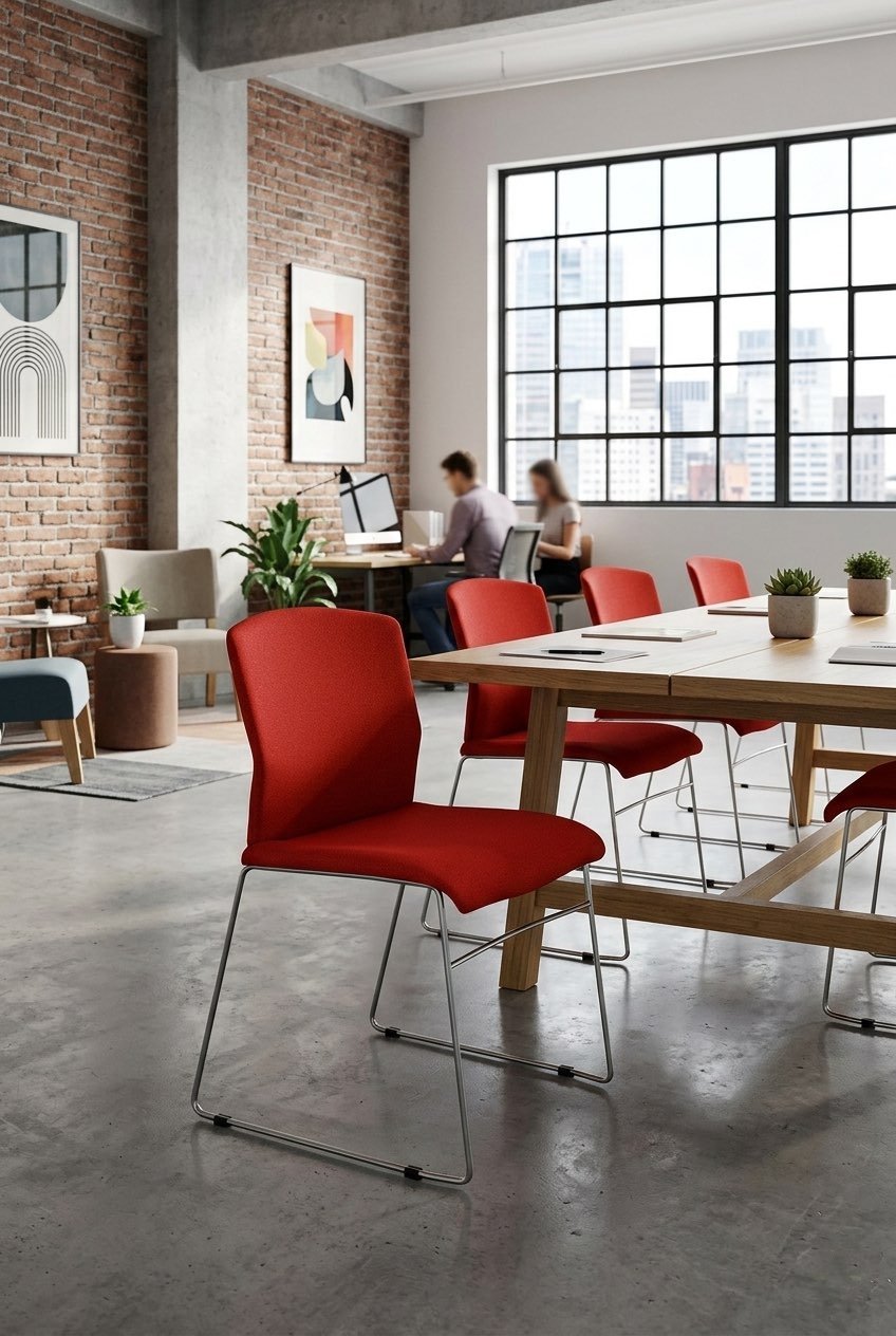 Sillas Bora Tapiz rojas alrededor de una mesa de reuniones, imagen ambientada