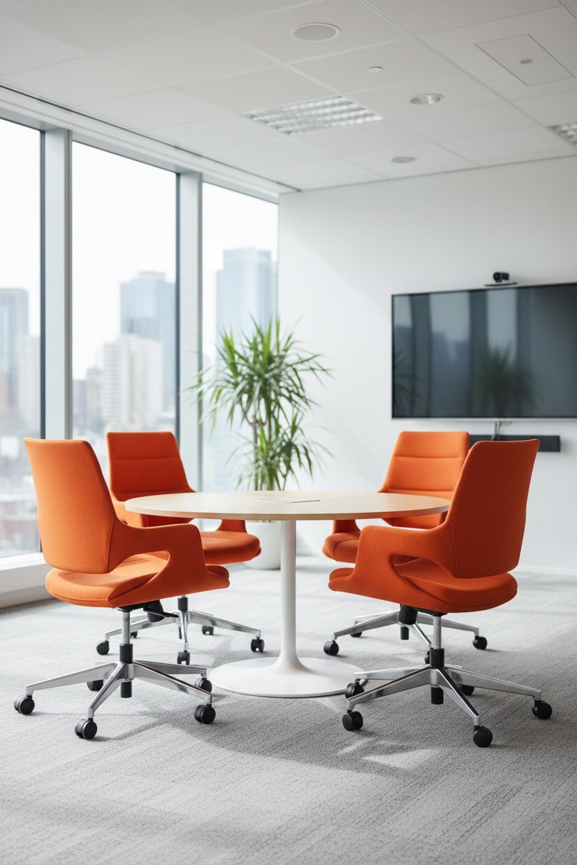 Sillas Cosmos Advance naranjas alrededor de una mesa de reuniones, imagen ambientada