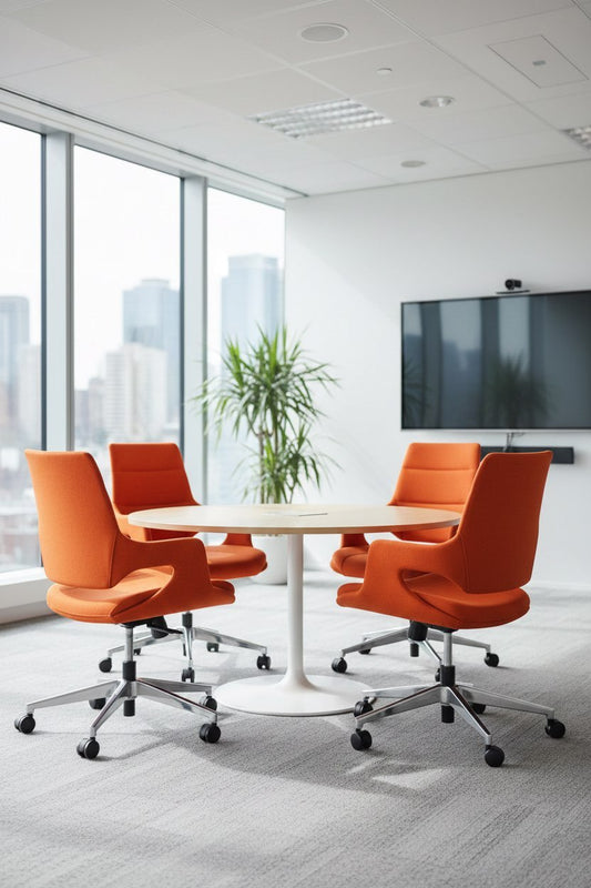 Sillas Cosmos Advance naranjas alrededor de una mesa de reuniones, imagen ambientada