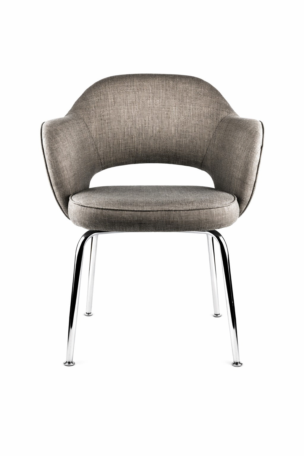 Silla meeting Gala de Archivos Activos tapizada en gris topo, con brazos envolventes y 4 patas cromadas