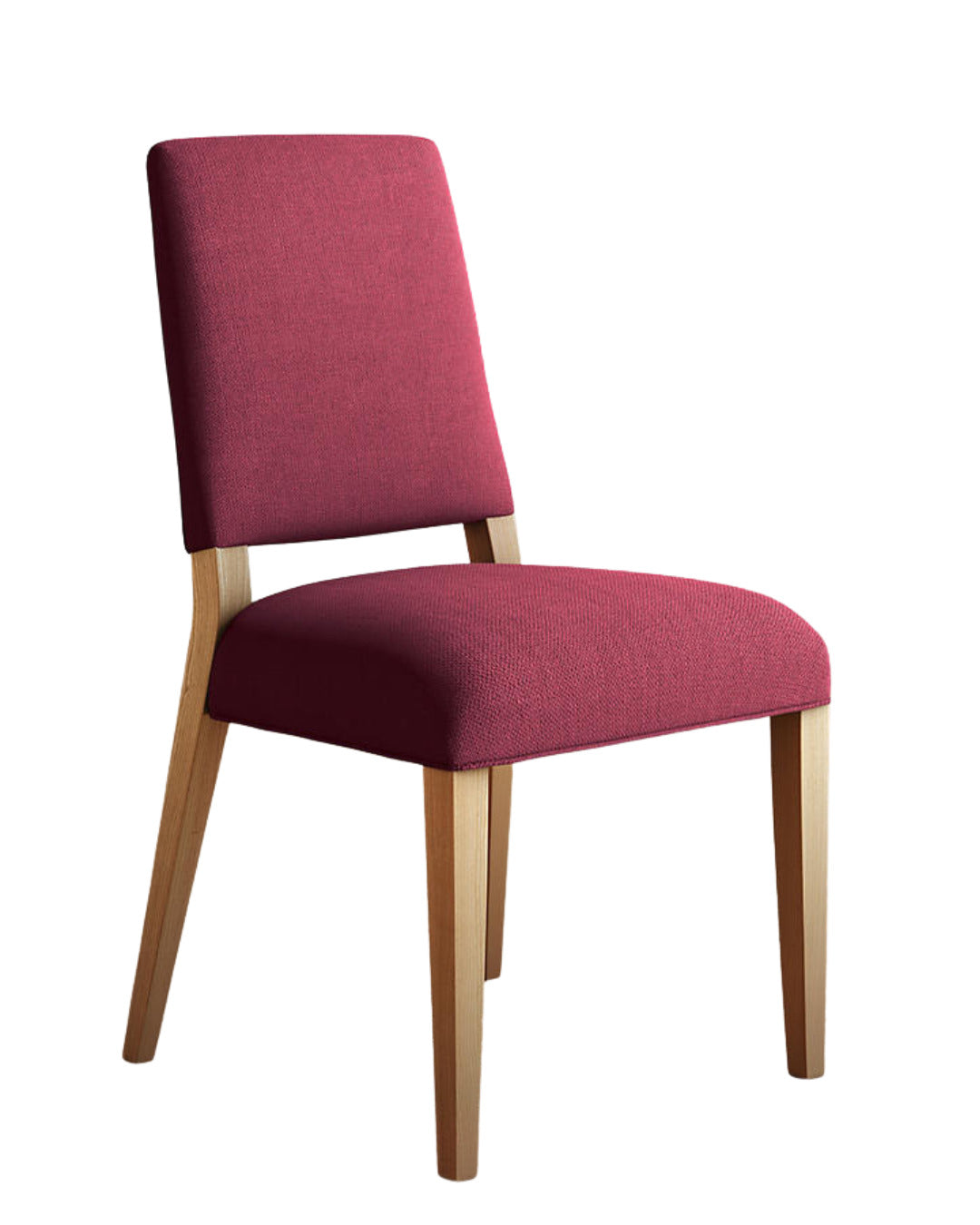 Silla Nude tapizada en bordó, con respaldo recto separado del asiento y patas de madera, sobre fondo blanco