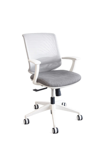 Silla operativa Aston Mediana de Archivos Activos con estructura blanca, respaldo de malla y asiento gris