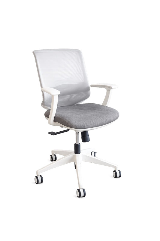 Silla operativa Aston Mediana de Archivos Activos con estructura blanca, respaldo de malla y asiento gris